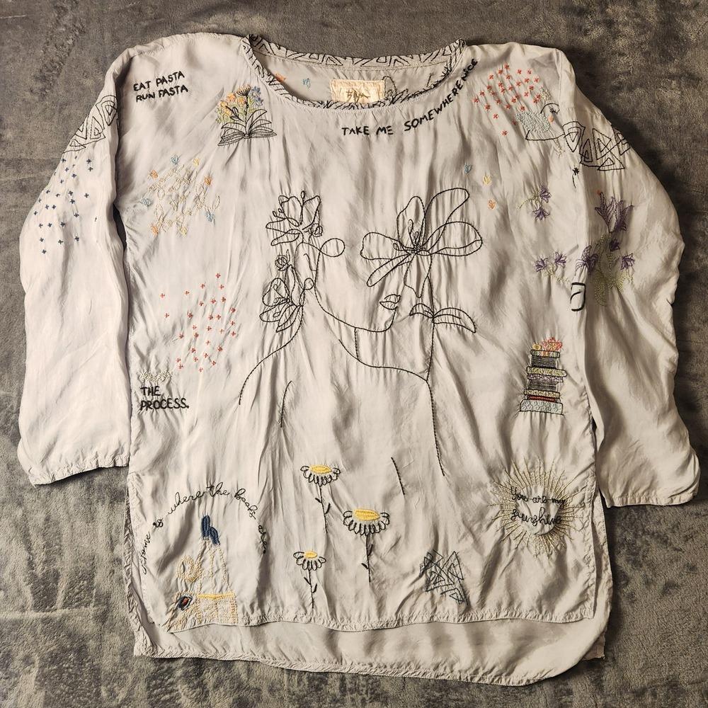 Johnny Was Biya Embroidered Tunic Top M Gray Cupra Rayon Sketchbook Pasta Books